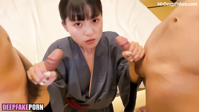 Fake Asuka Saito (齋藤 飛鳥 乃木坂46) making double handjob